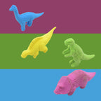 A child's hand holding a bright yellow dinosaur eraser, demonstrating its size for school use.