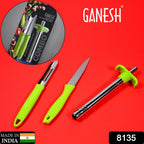 Close-up of the Ganesh multipurpose kitchen tool set, showcasing the lighter, knife, and peeler.