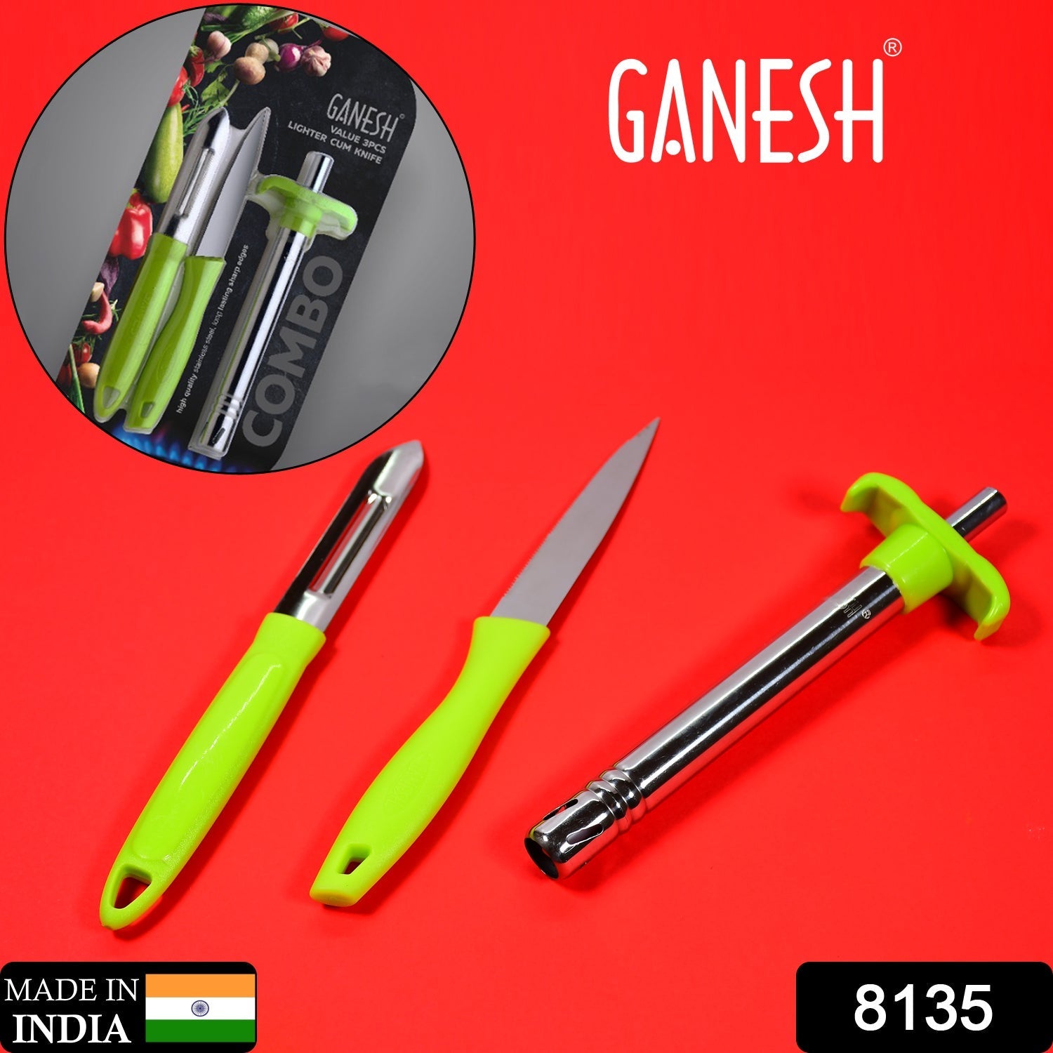 Close-up of the Ganesh multipurpose kitchen tool set, showcasing the lighter, knife, and peeler.