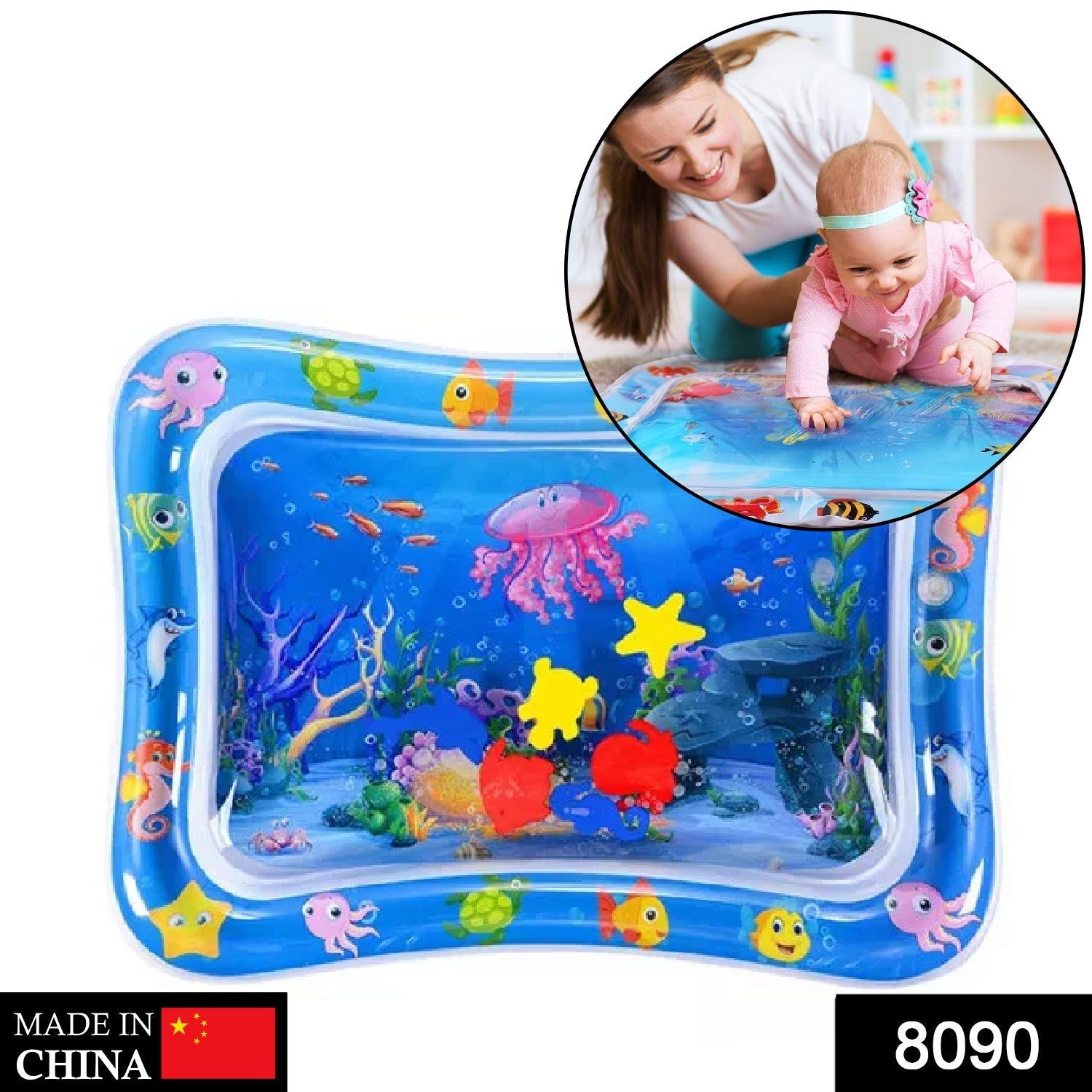 Top-down view of a vibrant Baby Water Mat, showing various floating sea animal toys for sensory play.