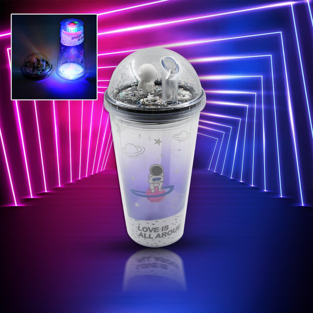 Front view of the 13oz astronaut tumbler, featuring a fun space design and a clear straw.
