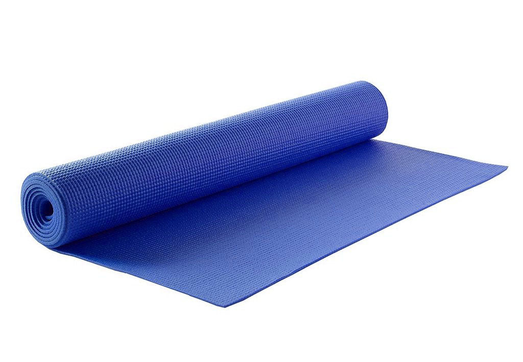 Yoga mat rolled up with carry strap and bag, ready for transport.
