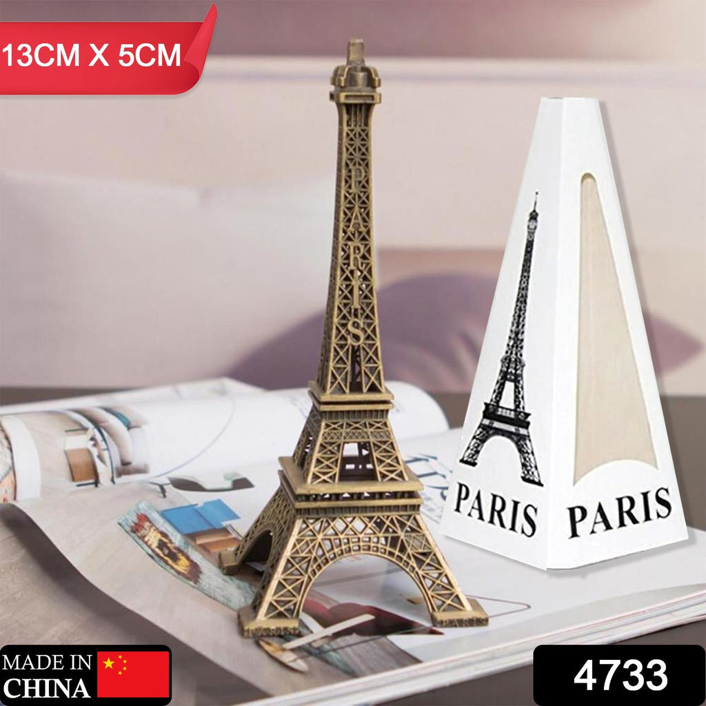 Close-up of the intricate details of the metal Eiffel Tower showpiece.