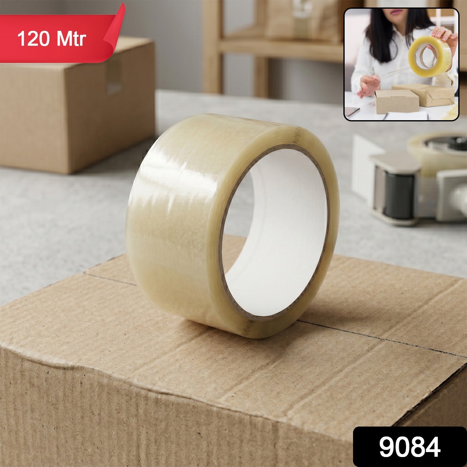 Clear cello tape roll, ideal for home and office packaging tasks.