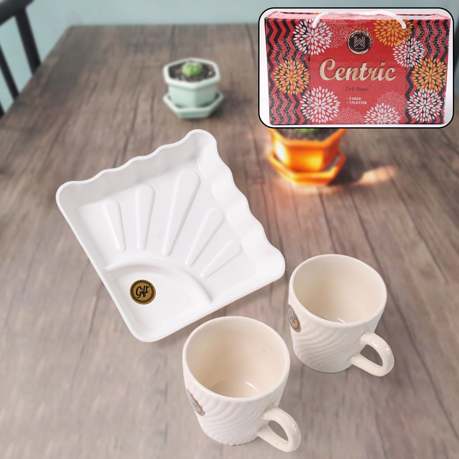 Ceramic tea cups paired with plastic square serving platter for stylish tea serving