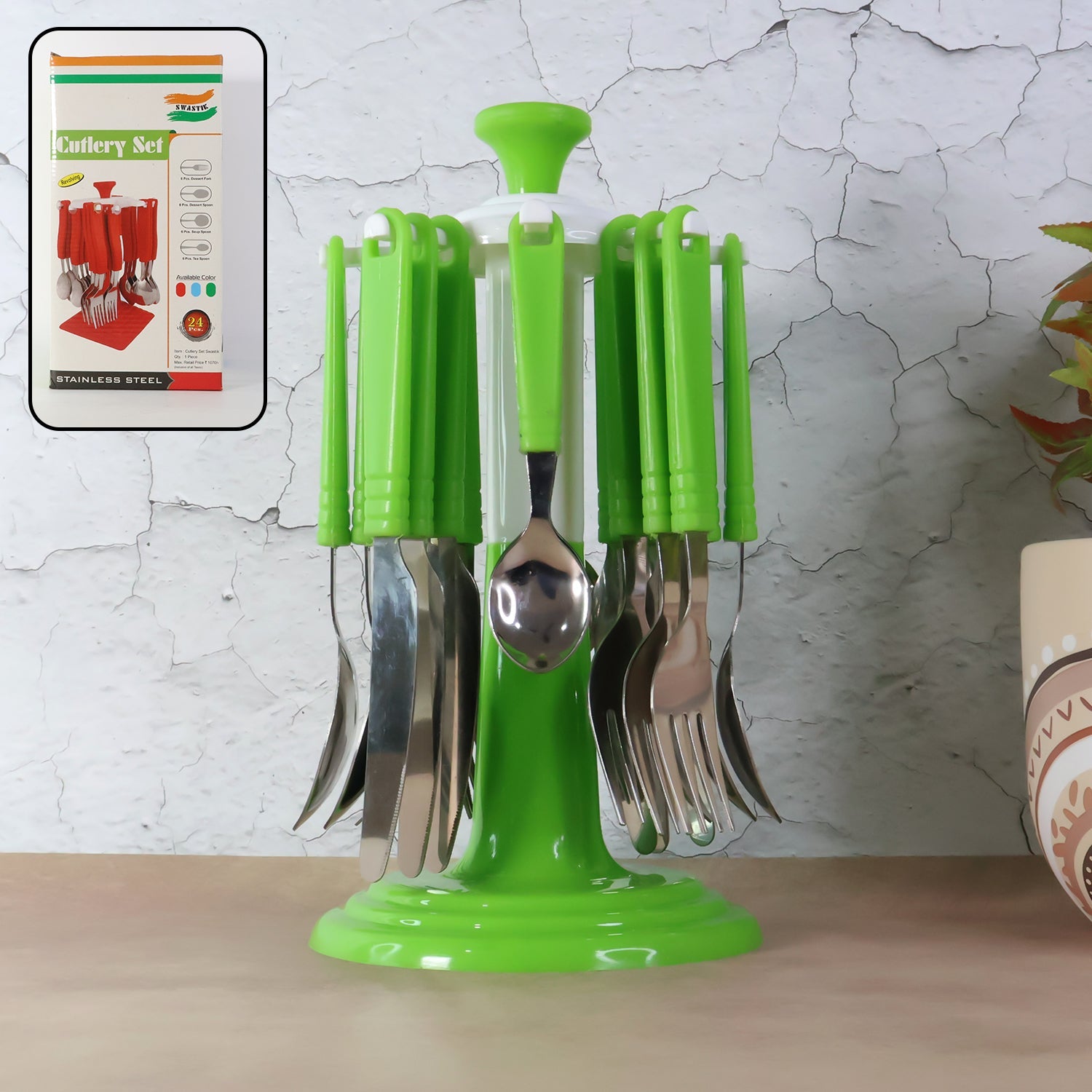 24-piece stainless steel cutlery set displayed with rotating stand