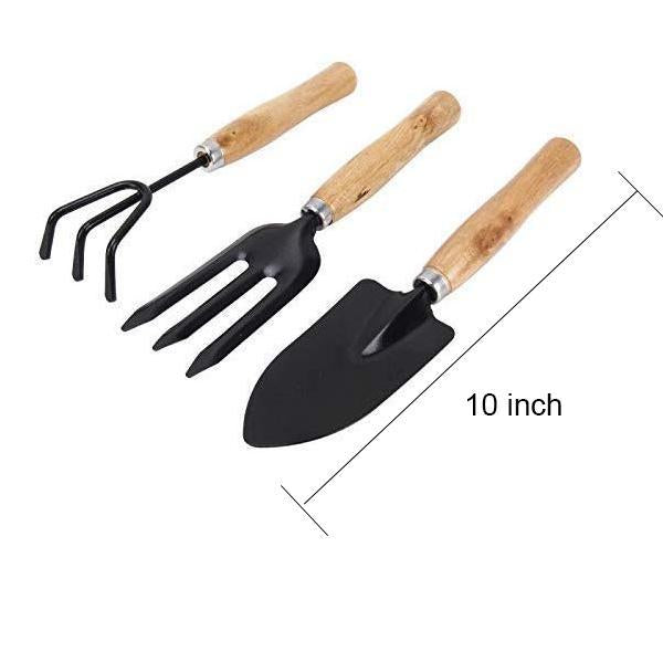 A small trowel, hand fork, and cultivator, ready for planting and soil preparation tasks.