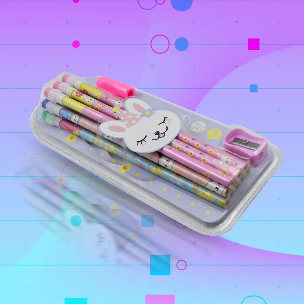 Overhead view of all 14 items in the Kids Pencil Set laid out neatly.