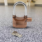 The durable alarm padlock with its key, ready for securing property.