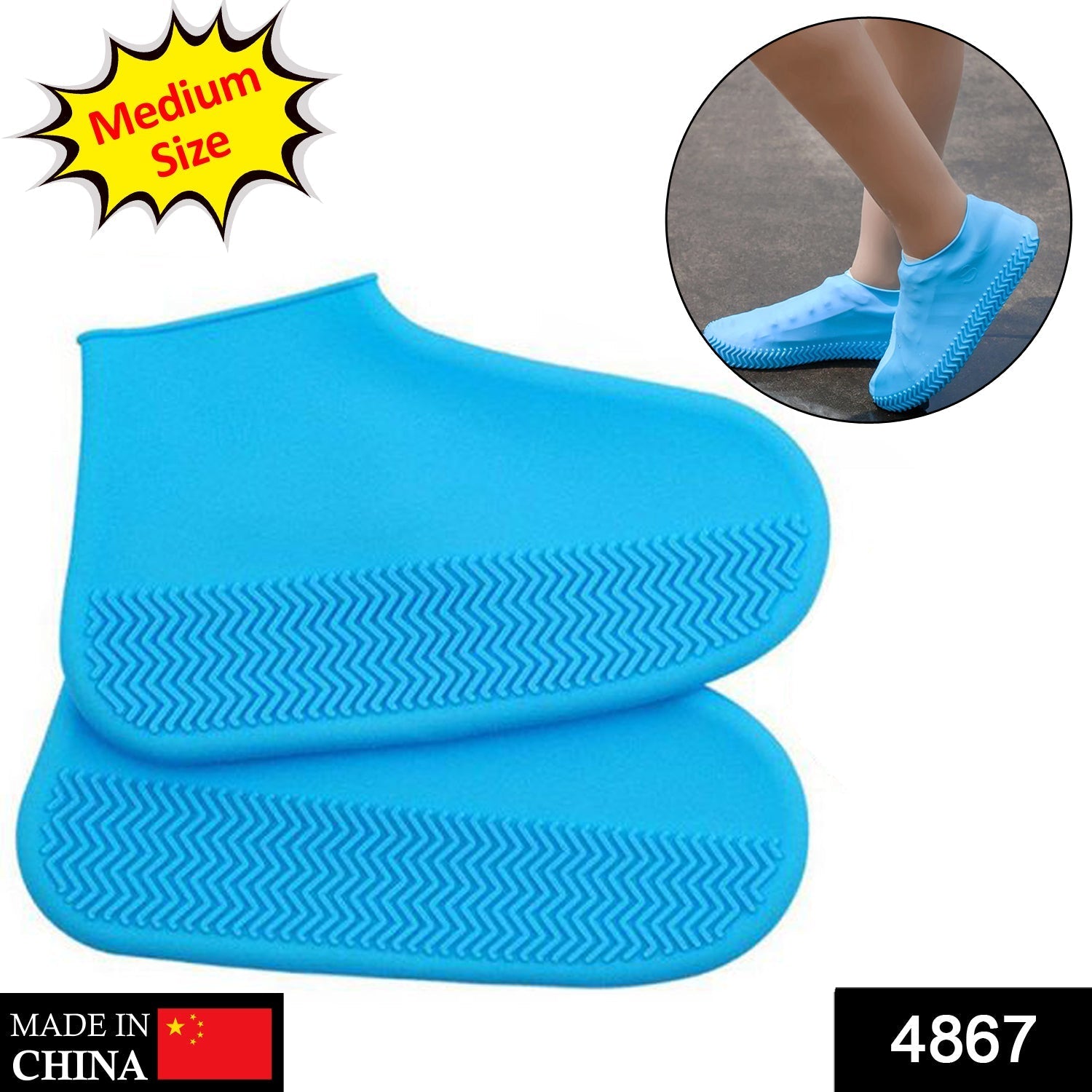 Reusable silicone shoe covers demonstrating their waterproof and foldable design.
