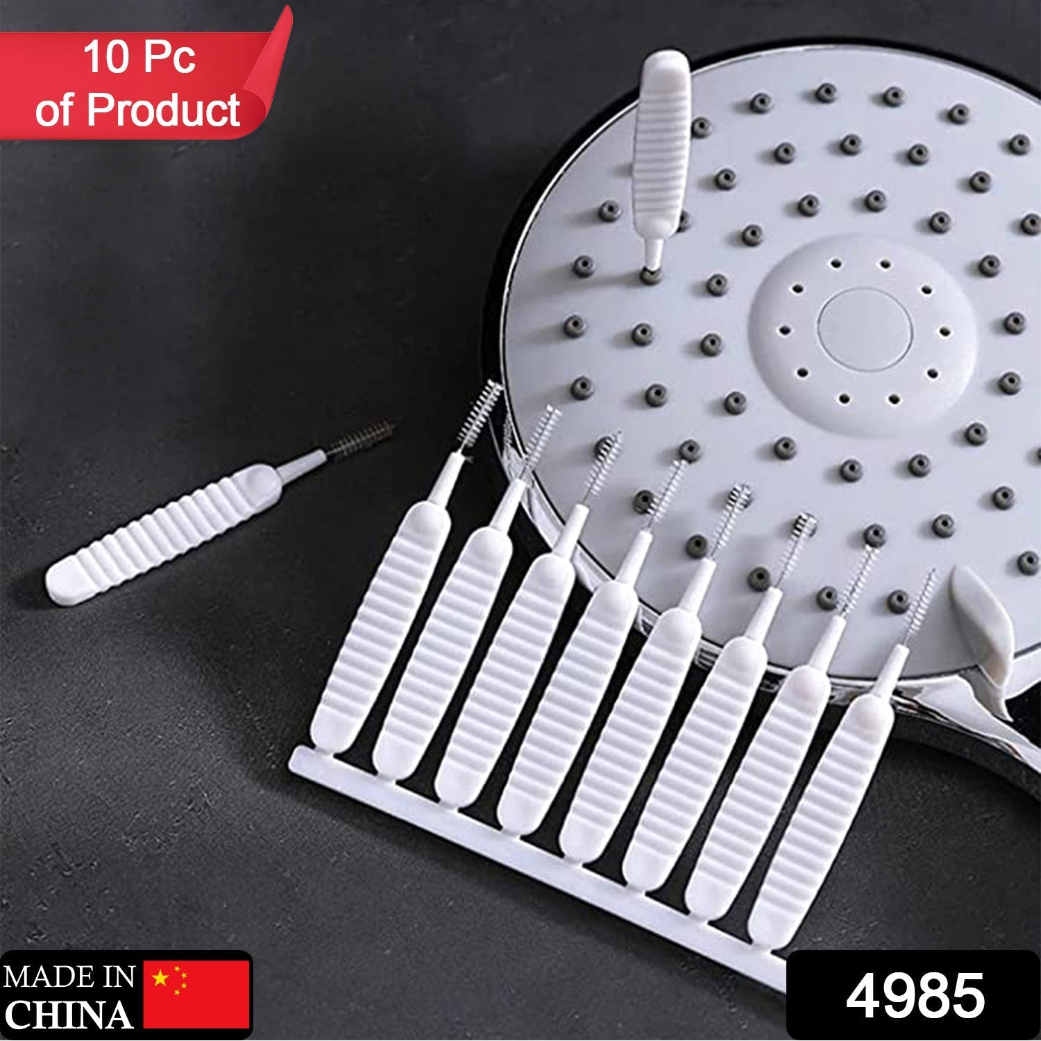 A reusable shower nozzle cleaning brush demonstrating its flexible nylon spiral head.