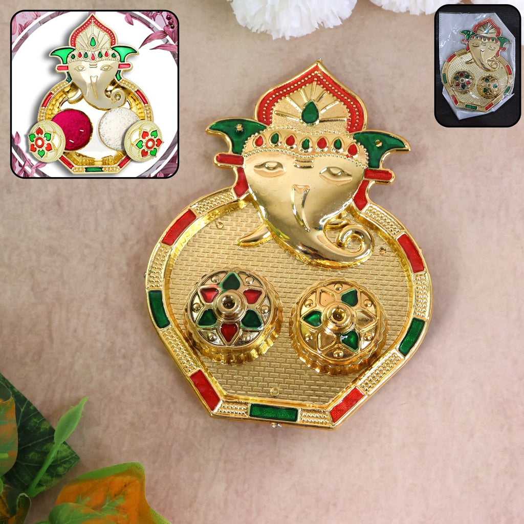 Ganesh Kumkum Box with decorative golden finish and twin containers