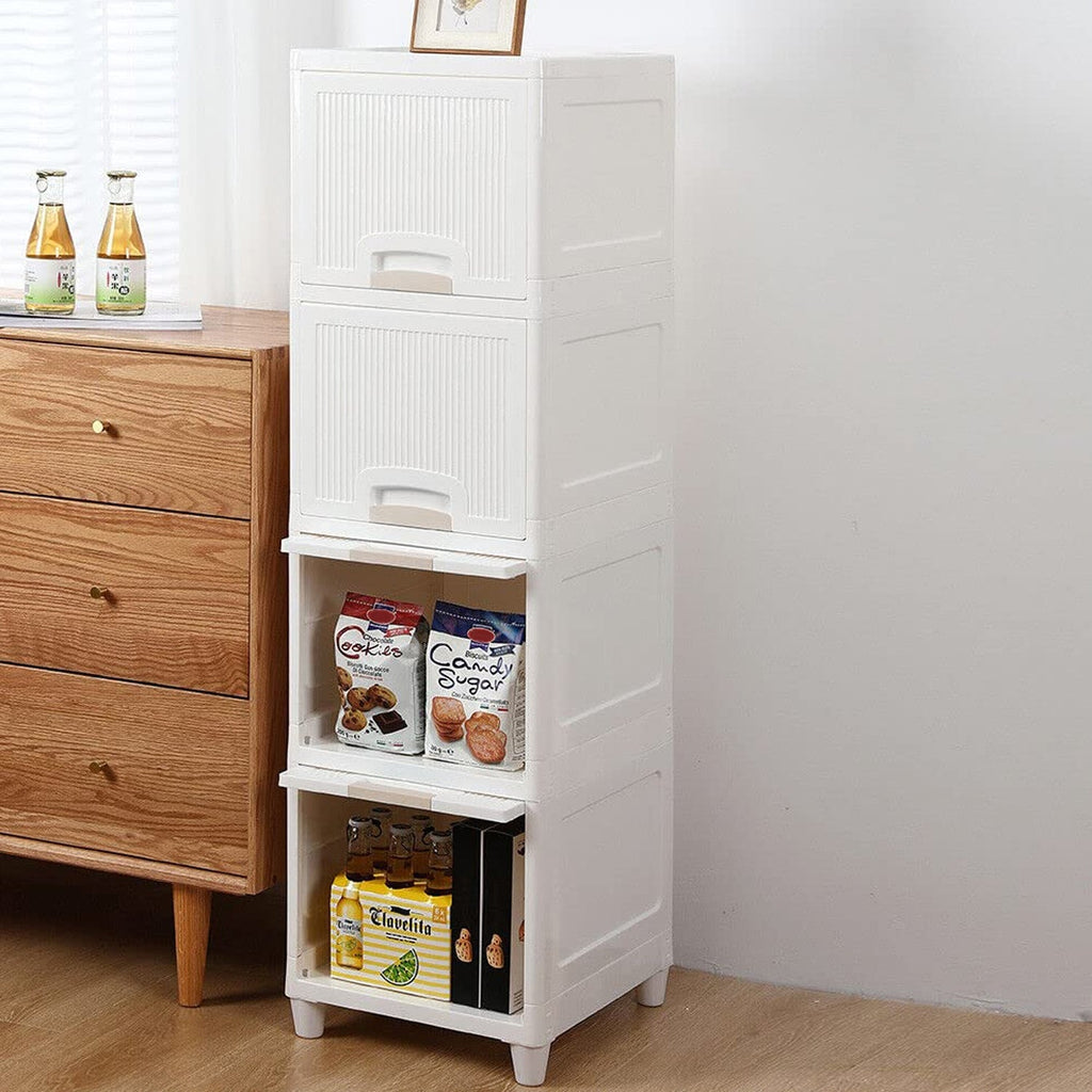 Front view of a 4-layer foldable storage cabinet with transparent plastic drawers.