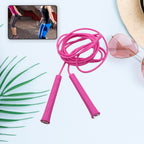 Blue adjustable jump rope with comfortable plastic handles for fitness workouts.