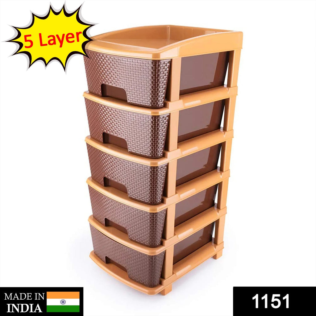 Front view of the Organivo brown modular drawer system with five pull-out drawers.