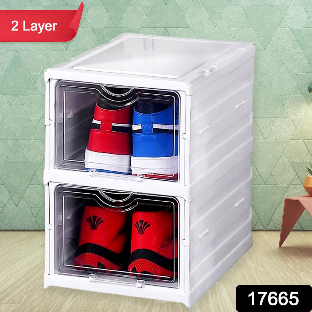 Front view of the white two-layer stackable storage rack with smooth-gliding wheels.