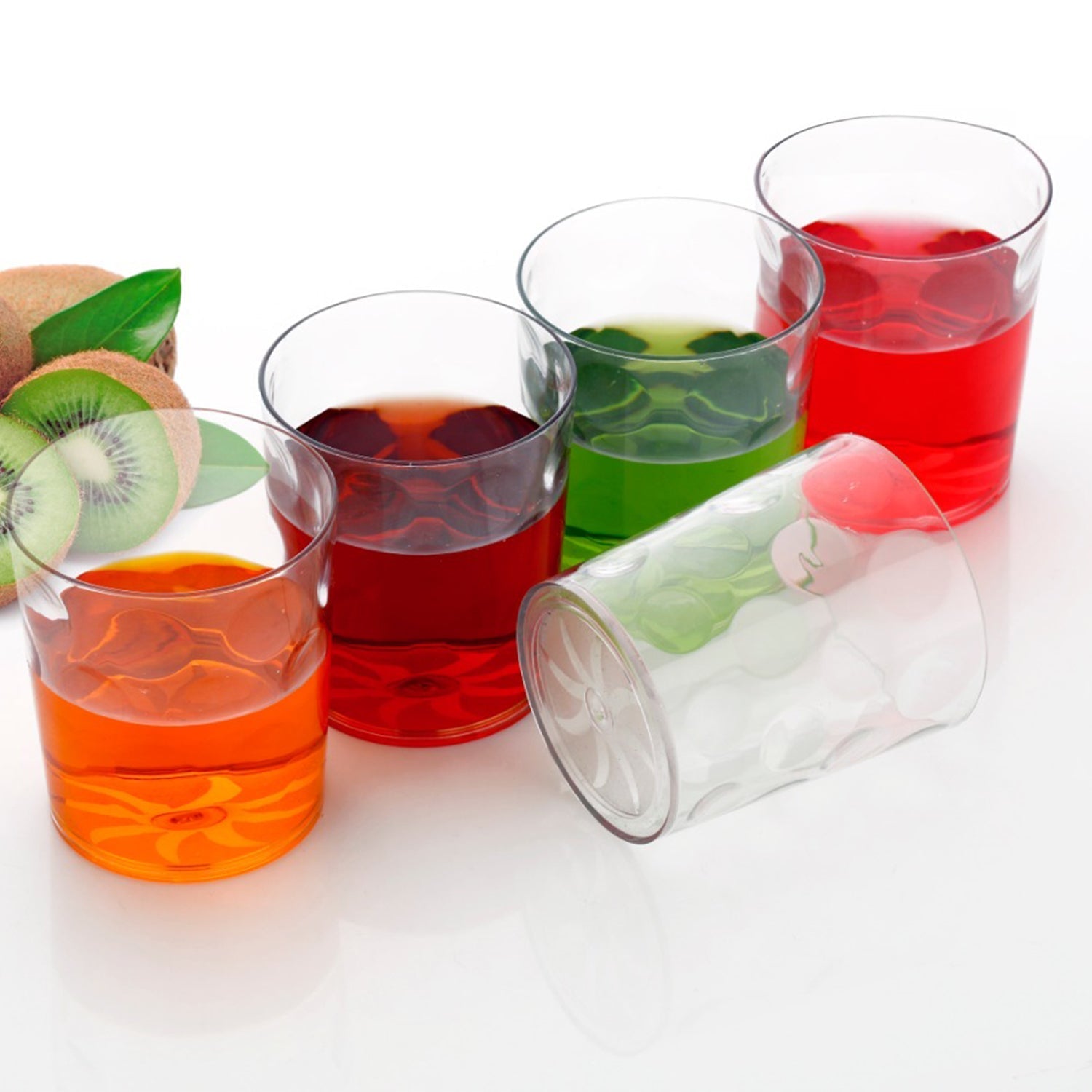 Stackable design of the durable plastic glasses, highlighting their space-saving feature.