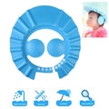 Baby shower cap in blue, adjustable for a snug and comfortable fit.