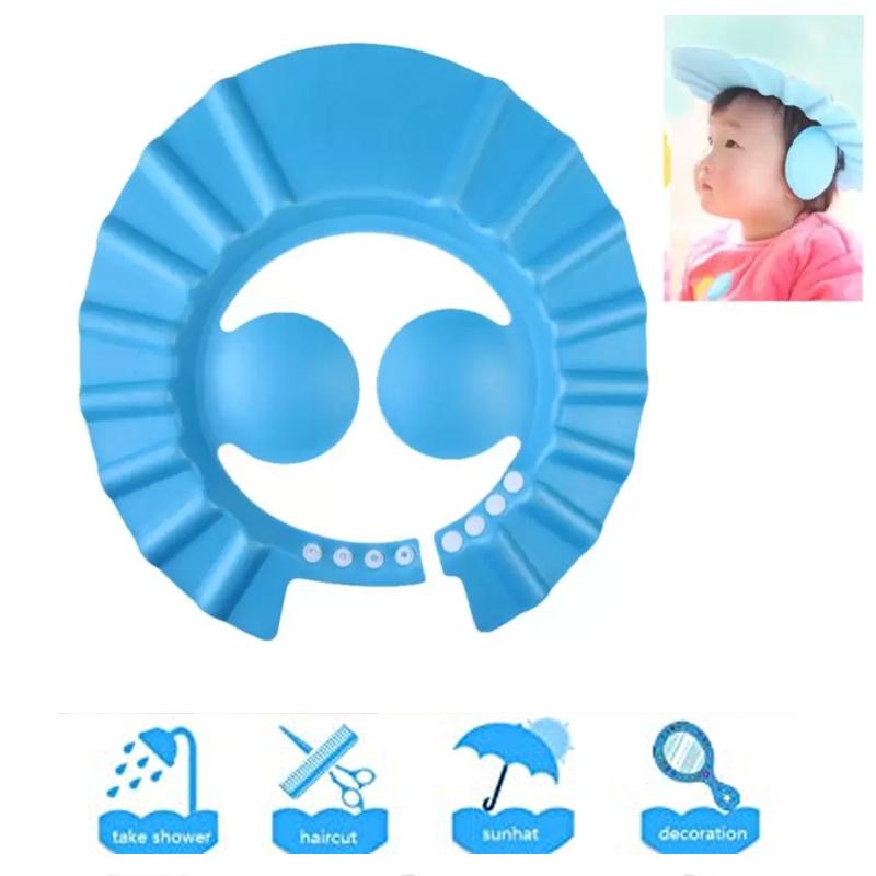 Baby shower cap in blue, adjustable for a snug and comfortable fit.