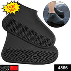 Pair of foldable waterproof silicone shoe covers in packaging.