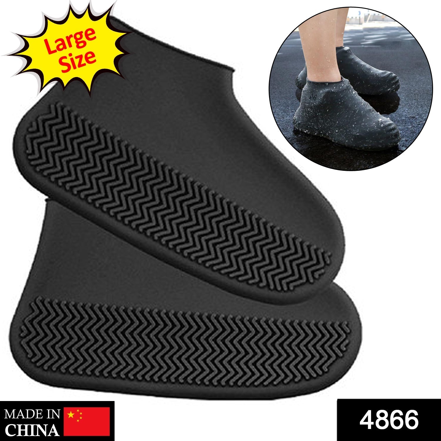Pair of foldable waterproof silicone shoe covers in packaging.
