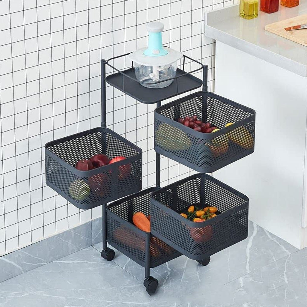 A Tidy Table 4-layer metal kitchen trolley with wheels, perfect for organizing fruits and vegetables.