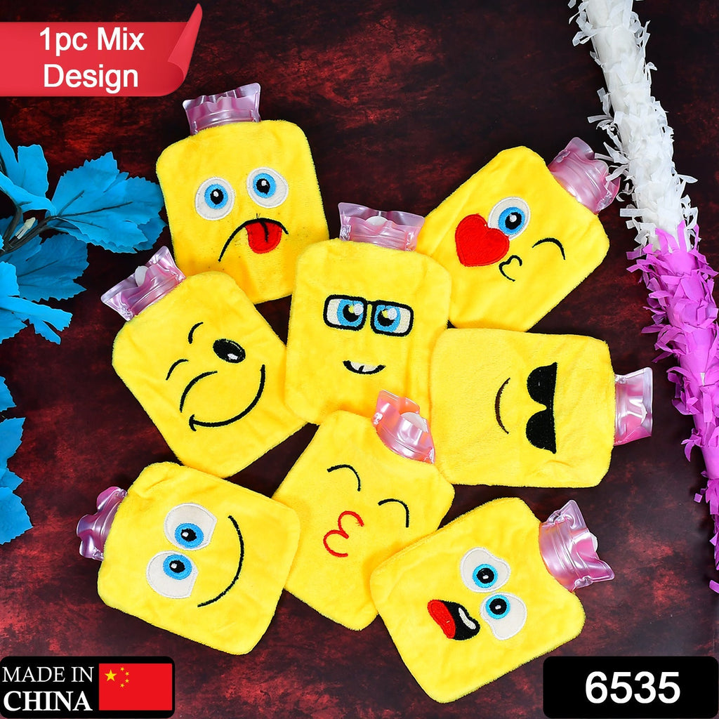 Front view of a cute emoji hot water bag with a soft, protective cover.