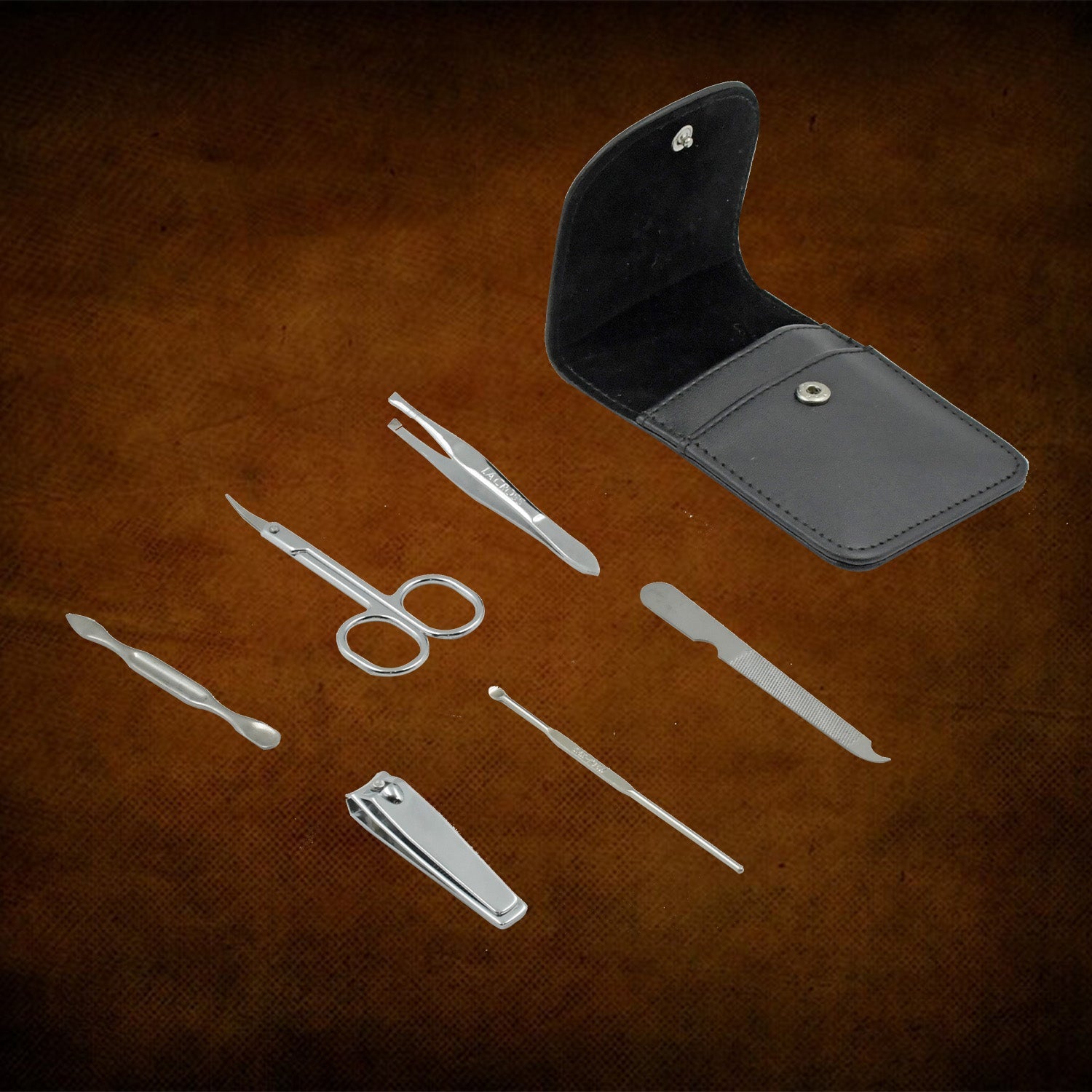Compact 6-in-1 Nail Care Kit in its travel case, featuring essential personal grooming tools.