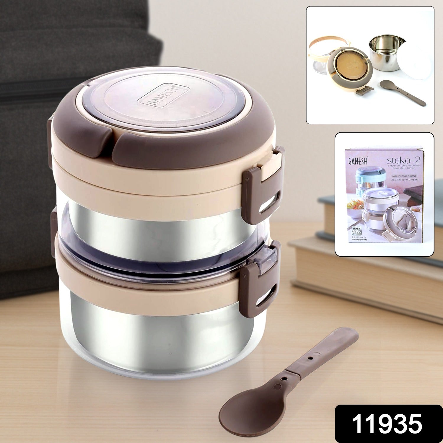 Ganesh Steko-2 insulated lunch box showing premium stainless steel interior