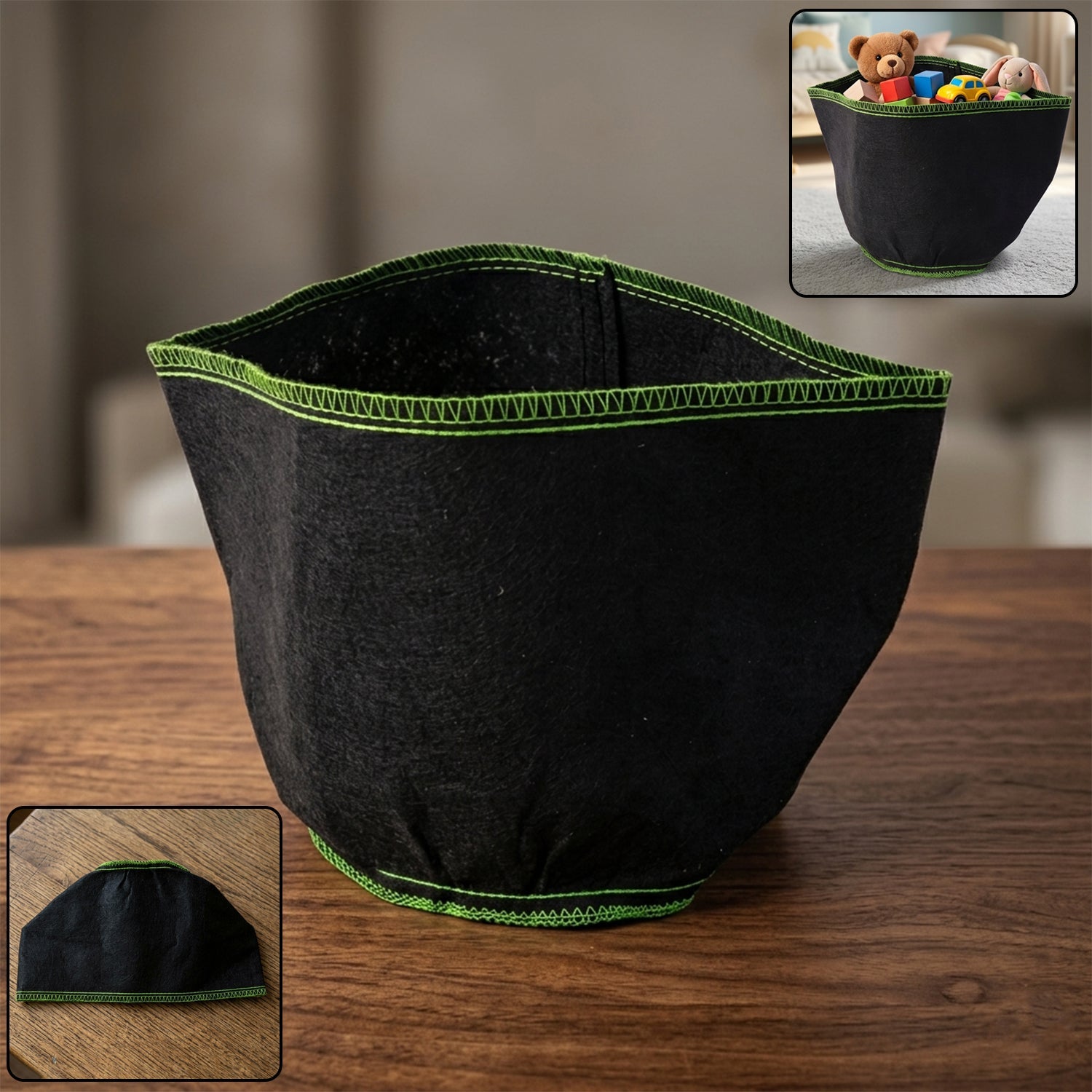 Fabric storage basket with vibrant green stitching shows versatility