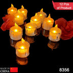 Overhead view of a single transparent acrylic flameless LED tea light candle flickering gently.