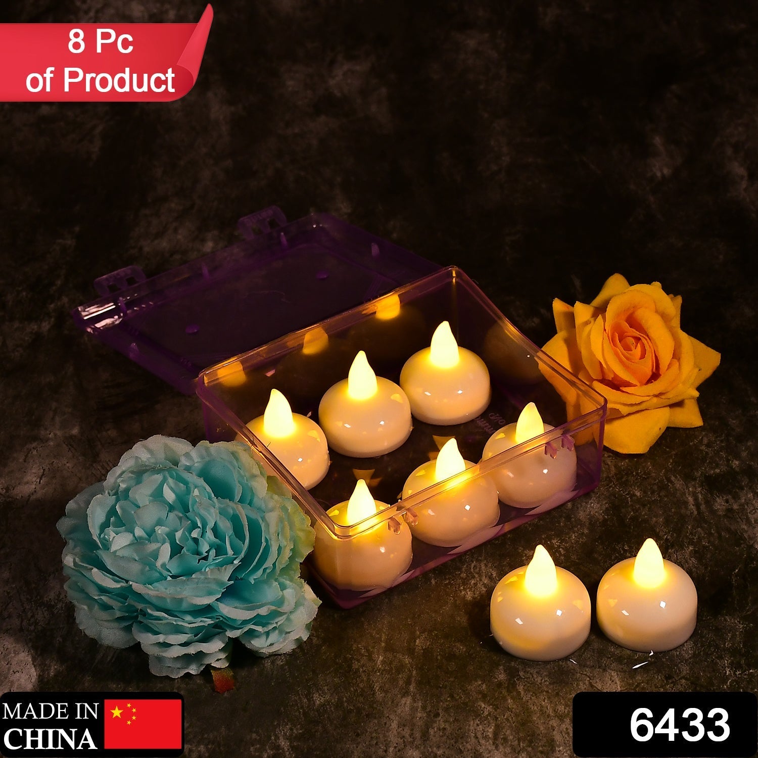 Battery-operated floating tea lights in a clear storage box.