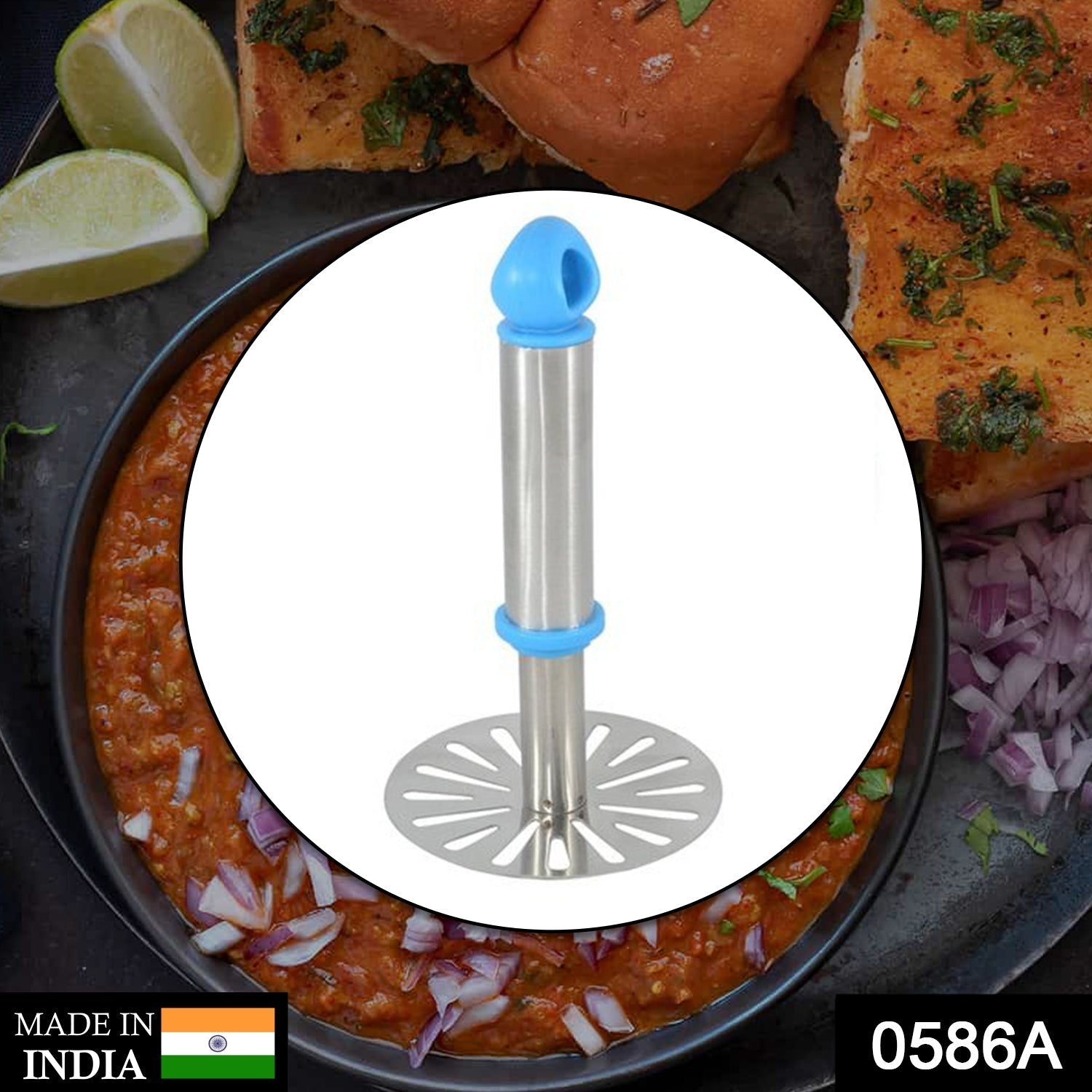 Durable stainless steel masher preparing smooth mashed potatoes.