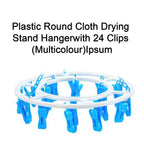 Space-saving round drying hanger with 24 plastic clips, showing its compact size.