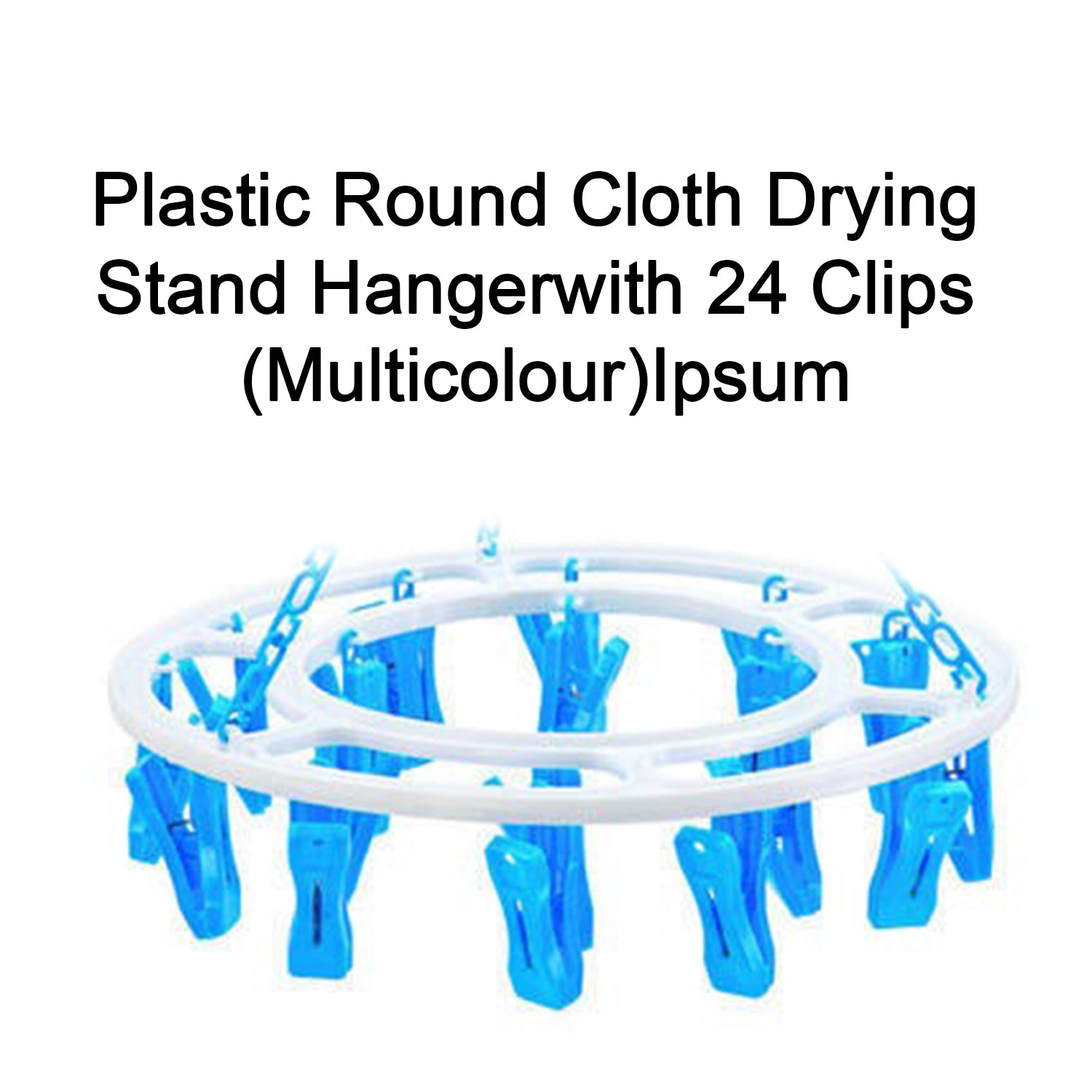 Space-saving round drying hanger with 24 plastic clips, showing its compact size.