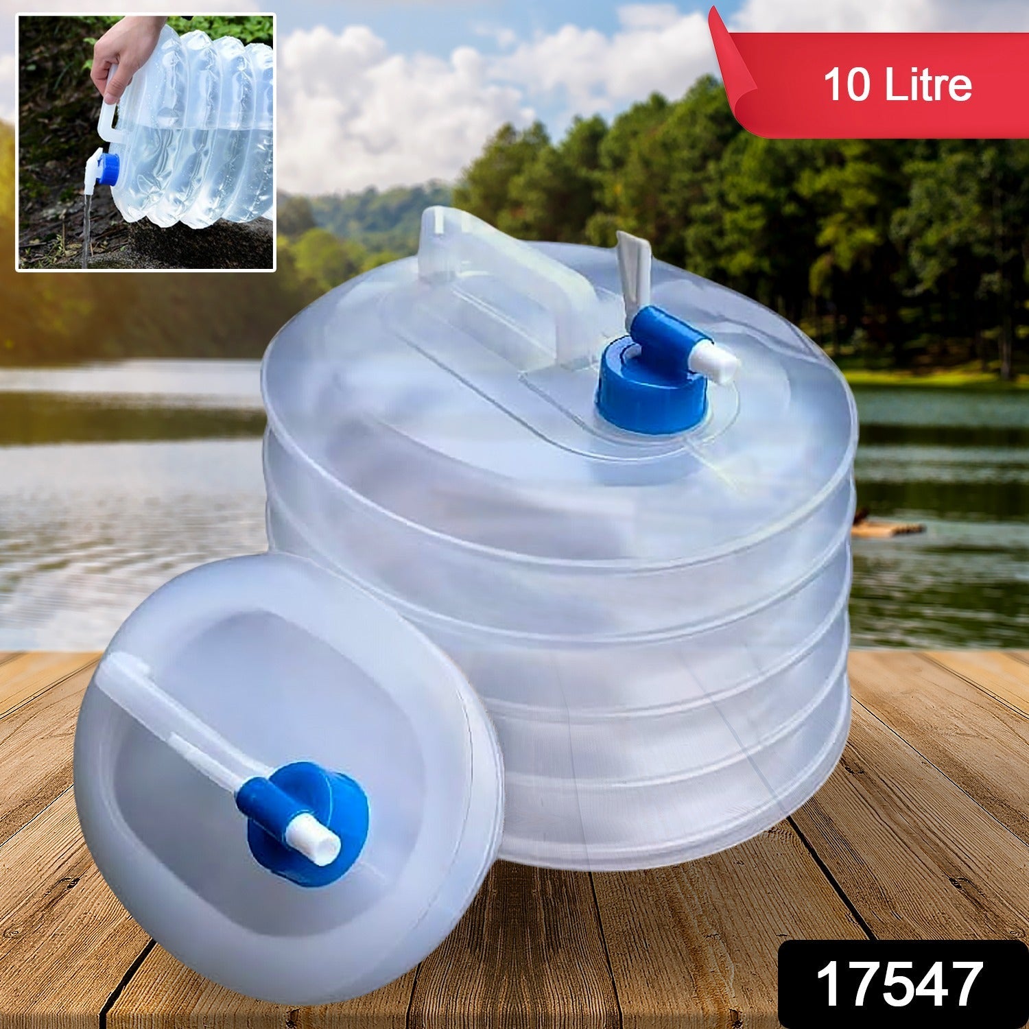 Collapsible water container with carry handle and tap valve in an outdoor setting.