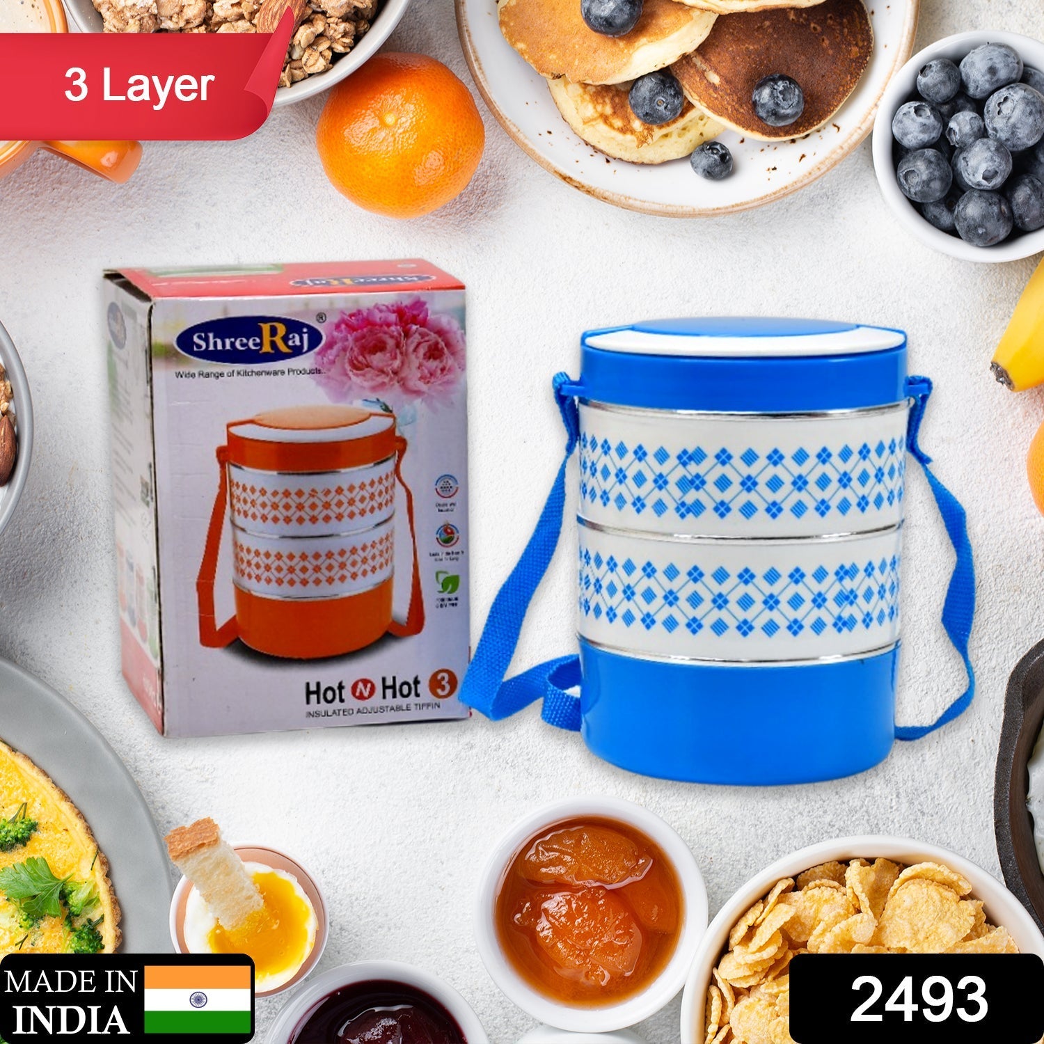 Adjustable stainless steel tiffin set with three stackable containers.