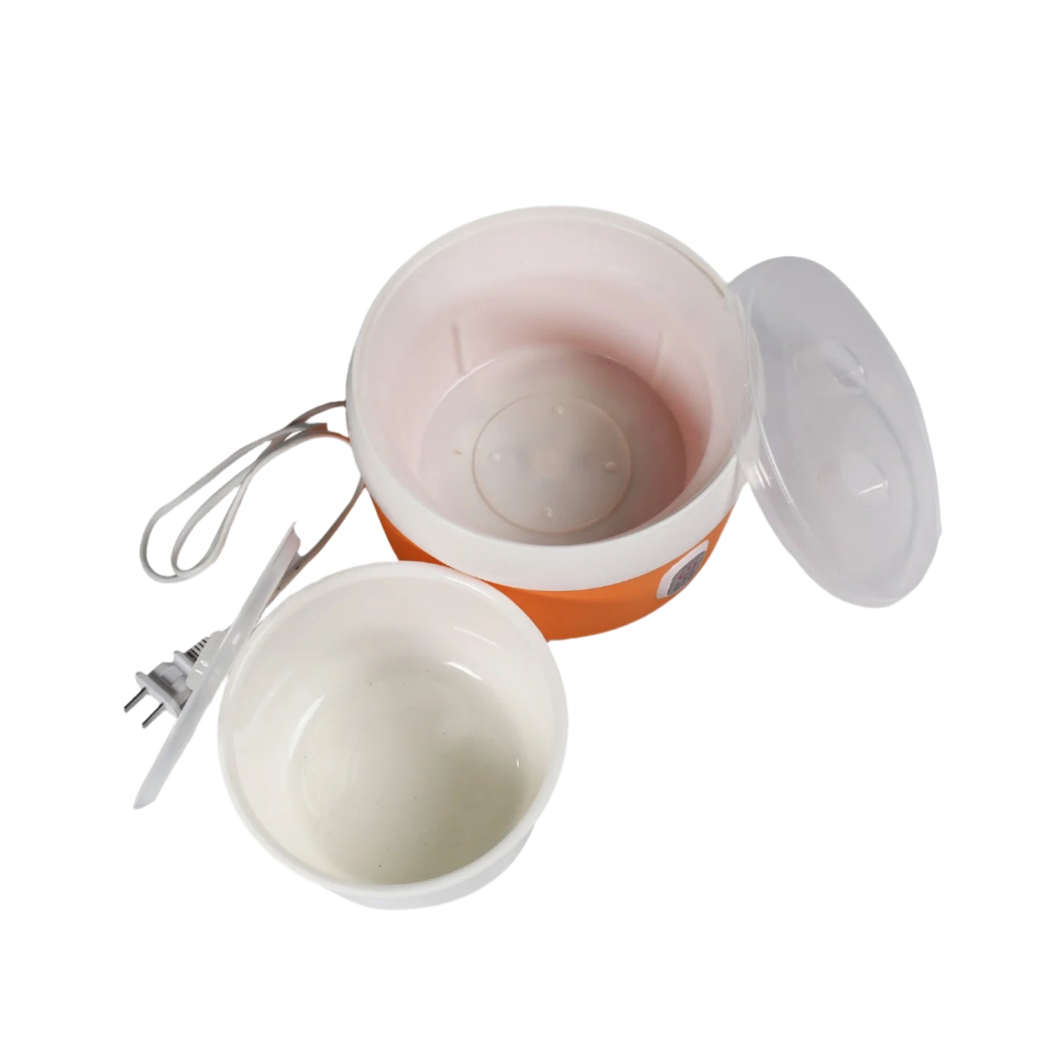 Close-up of plastic container filled with fresh homemade yogurt inside maker