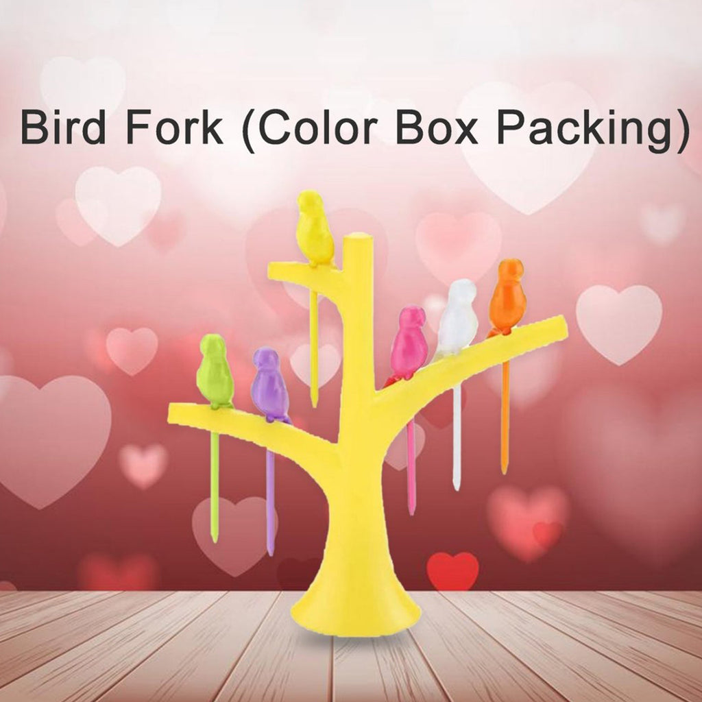Overhead view of the complete bird fruit forks set with its vibrant tree stand.