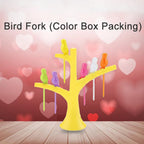 Overhead view of the complete bird fruit forks set with its vibrant tree stand.