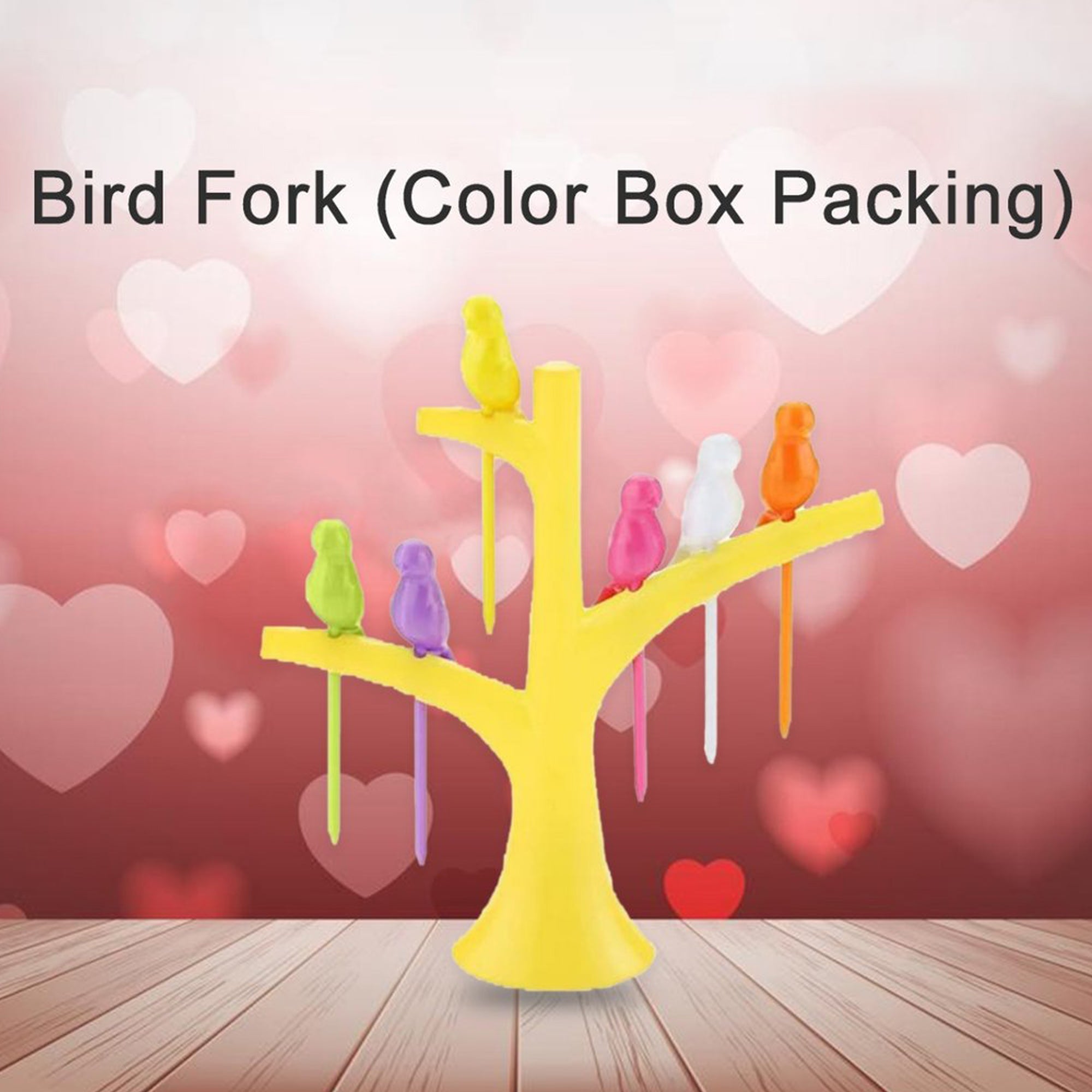 Overhead view of the complete bird fruit forks set with its vibrant tree stand.