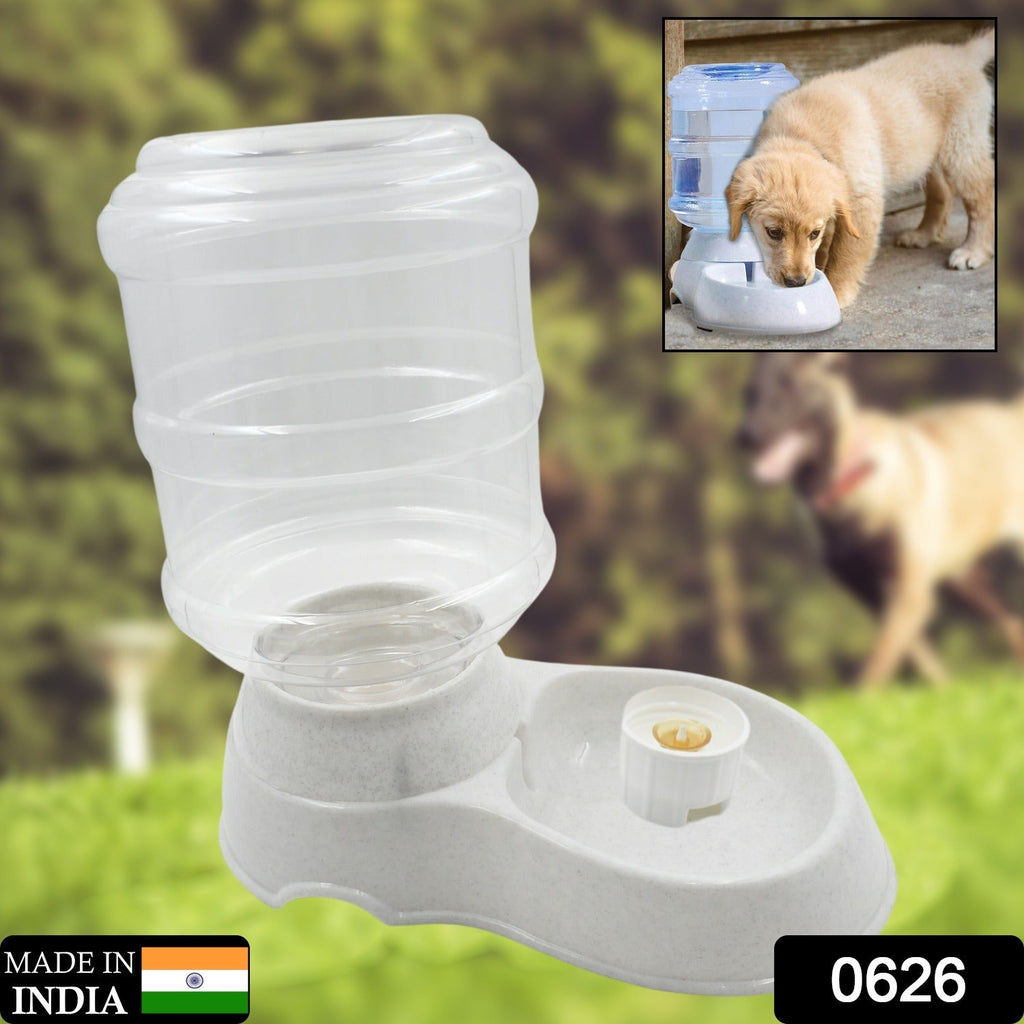White automatic pet water dispenser with a clear 2.5-liter bottle, front view.