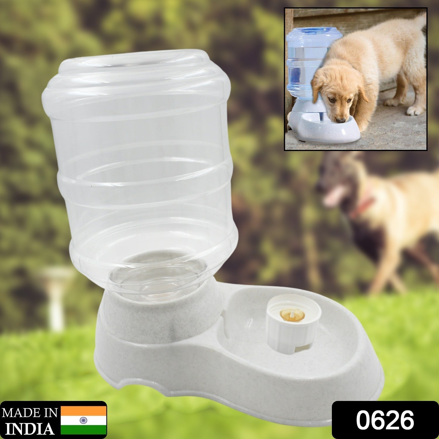 White automatic pet water dispenser with a clear 2.5-liter bottle, front view.