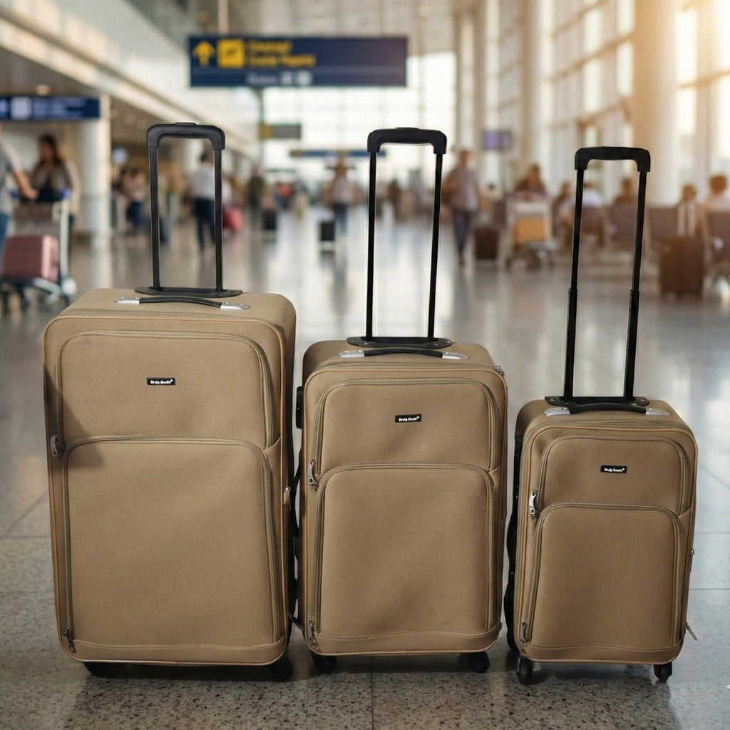 3-piece soft side trolley luggage set front view with smooth wheels