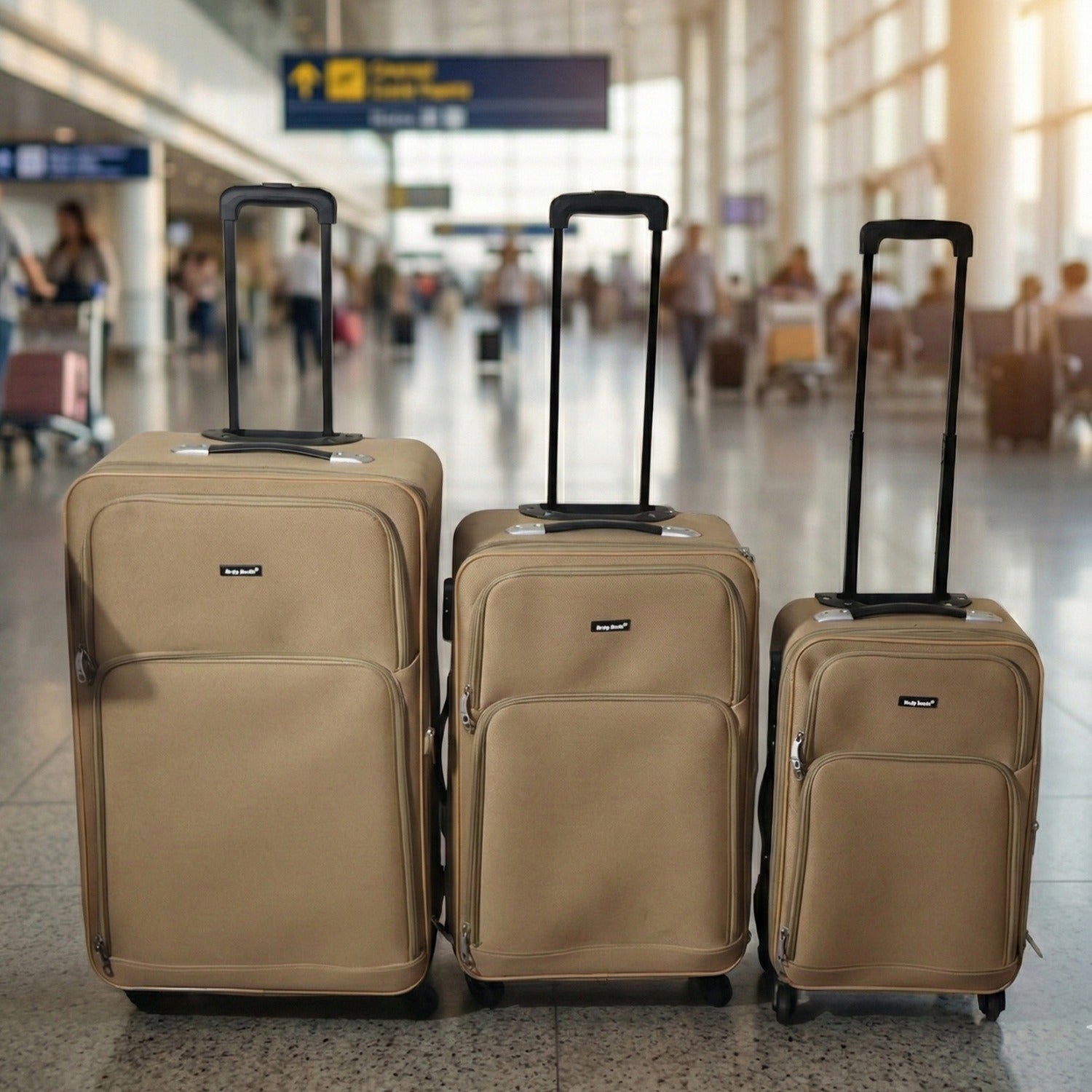 3-piece soft side trolley luggage set front view with smooth wheels
