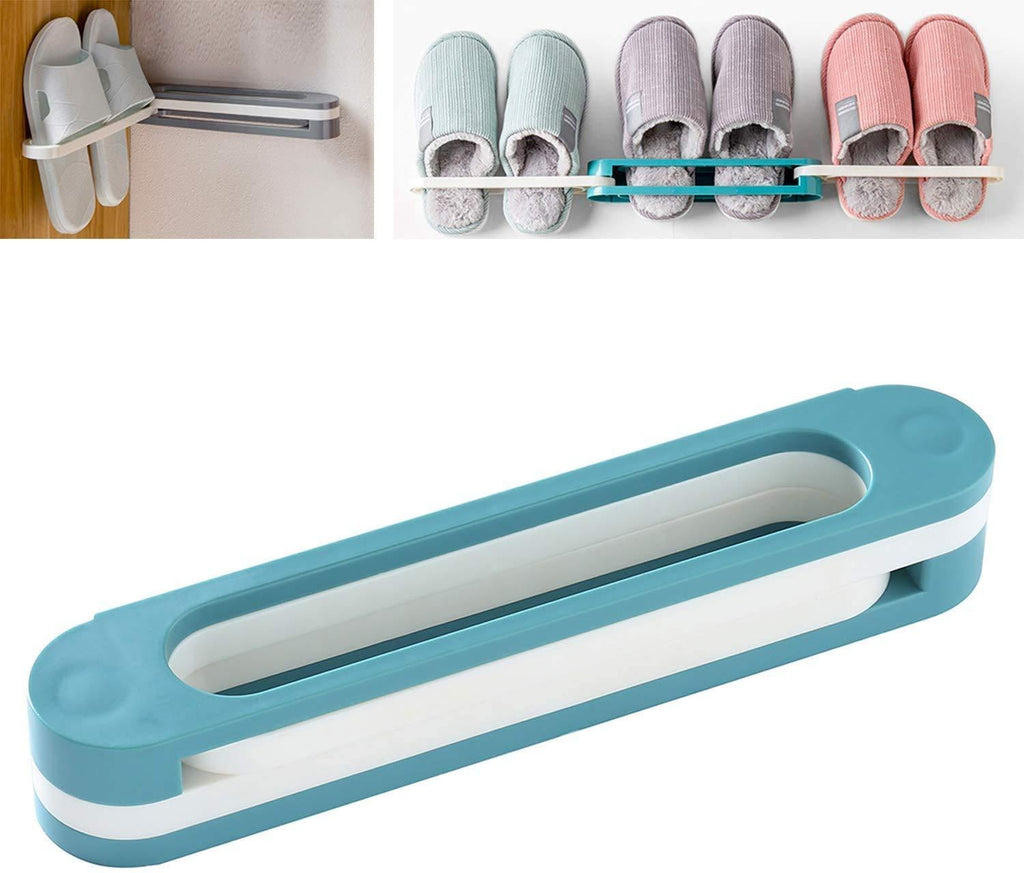 Folding shoe rack mounted on a wall, showcasing its space-saving design.