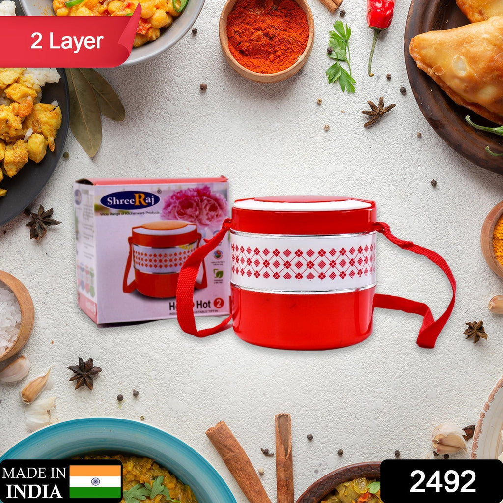 Blue 2-layer insulated tiffin set, shown open with its multiple compartments.