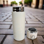 Top-down view of the 420ml Smart Insulated Water Bottle with its touch-sensitive LED temperature display screen.