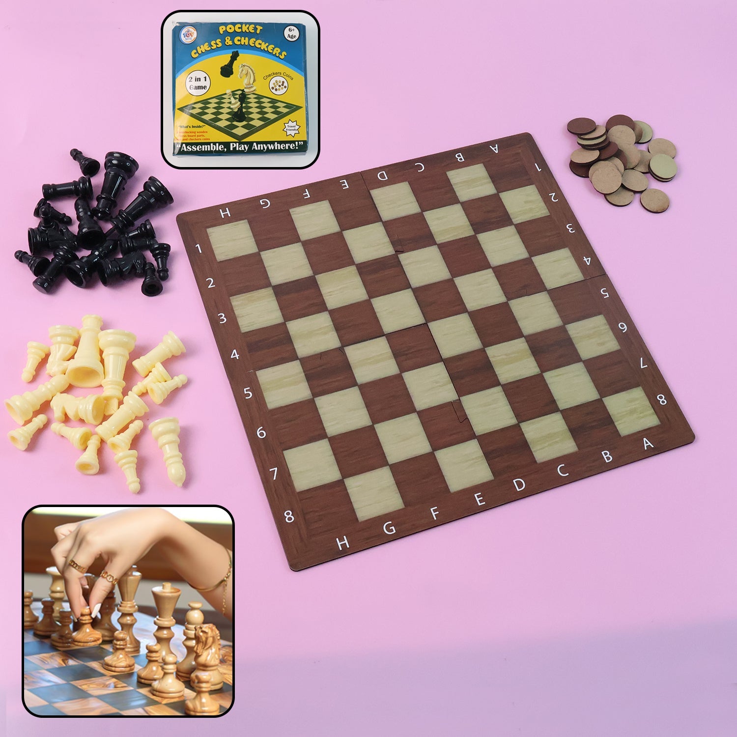 Foldable board of Chess & Checkers travel game set laid flat