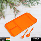 Versatile plastic divided food plate with included cutlery for daily use.